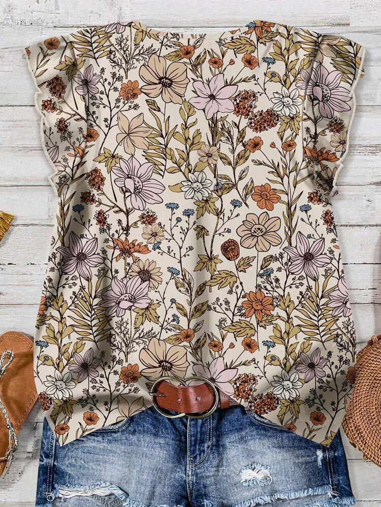 Women's Floral Print V-Neck Cap Sleeve Casual Blouse, Suitable For Summer Boho Blouses Floral Blouse Women Boho Shirts Women Women Summer Blouses Women Floral Tops New Year Party