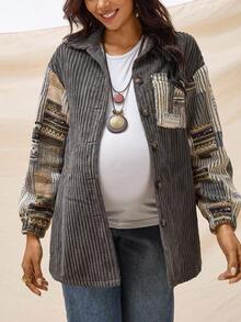 Boho Mama Pregnant Women's Striped Drop Shoulder Long Sleeve Single-Breasted Pocket Casual Regular Jacket Boho  Winter Clothes For Women - Grey - View 6