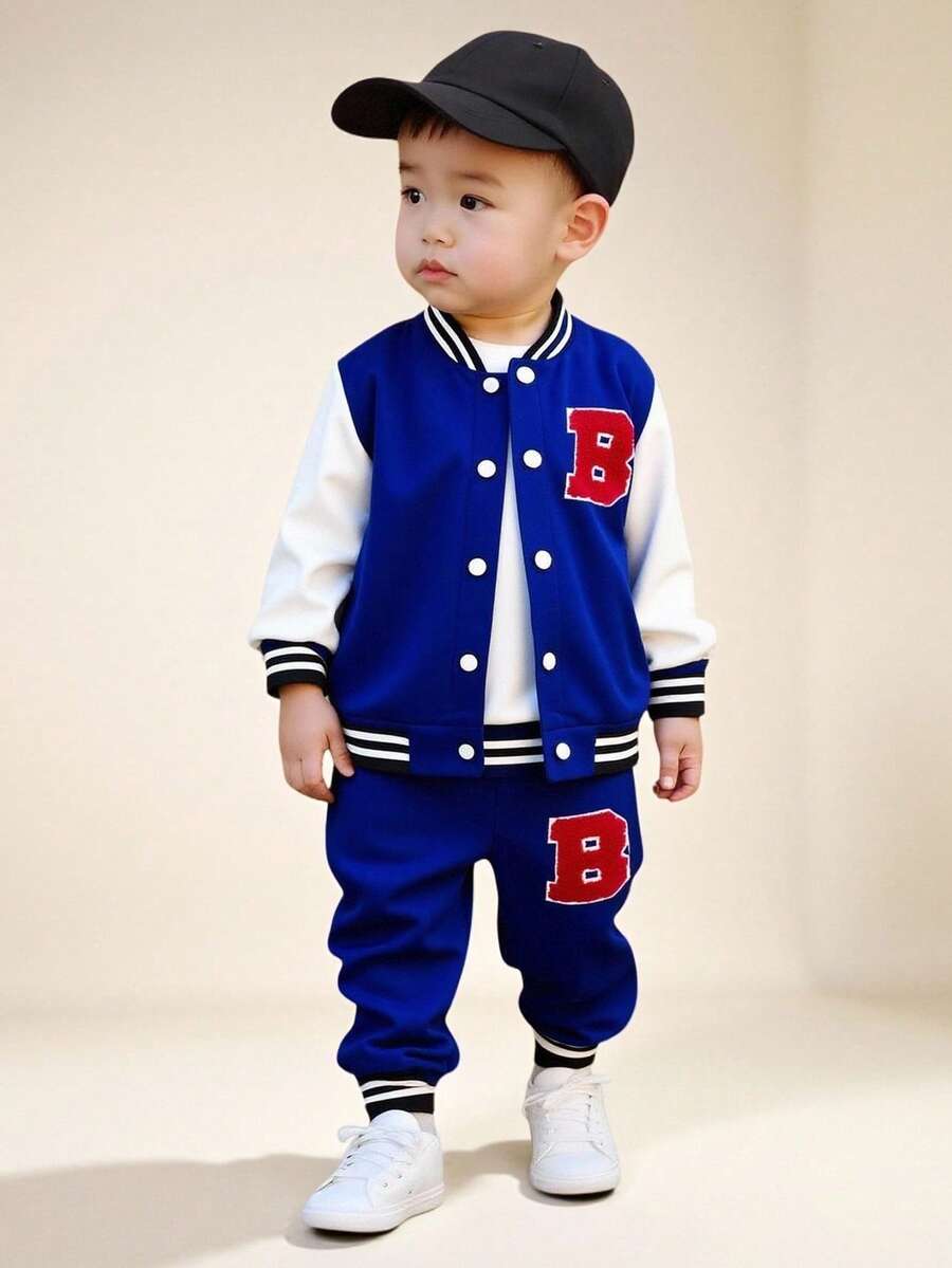 SHEIN 2pcs/Set Young Boys Jacket Outfit, College Style Cardigan&Matching Pants, Autumn, Career Day, Back-To-School Knitted Baseball Collar Letter B Suit - Blue - View 1