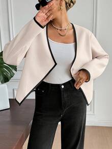 SHEIN Frenchy 女士秋冬休闲大衣，饰有滚边，适合秋冬季通勤、简约时尚、复古风等日常穿着。 - 杏色 - 查看 7