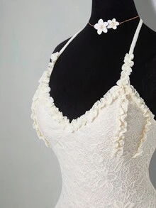 SHEIN ICON 针织提花层叠荷叶边吊带裙与长袖披肩套装 - 杏色 - 查看 5