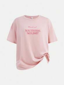 SHEIN 少女简约字母印花圆领短袖针织家居服套装 2 件套 - 淺粉色 - 查看 9