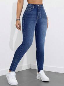 SHEIN Teen Girl Blue Denim Thermal Lined Elastic Skinny Cropped Jeans,Casual And Fashionable Vacation Outfits,Winter Clothes Fall - Dark Wash - View 6