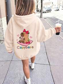 Sudadera con capucha casual y linda para niñas con estampado de corazón y lazo de capibara, para otoño/invierno - Caqui - Ver 1