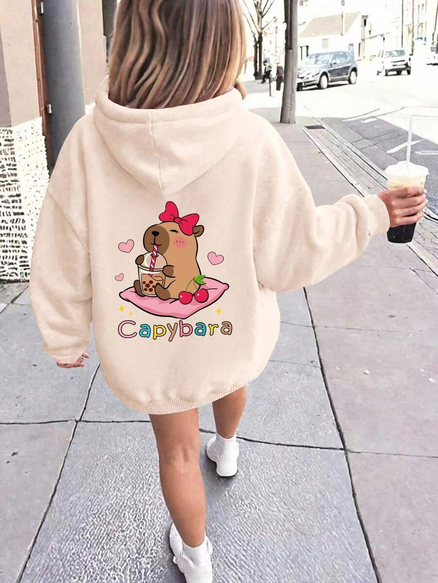 Sudadera con capucha casual y linda para niñas con estampado de corazón y lazo de capibara, para otoño/invierno - Caqui - Ver 1