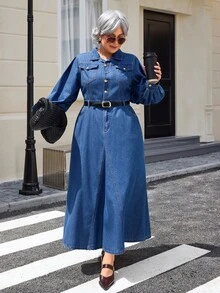 EMERY ROSE Plus Size Women Navy Blue Fashionable Slim Fit Denim Dress - Dark Wash - View 1