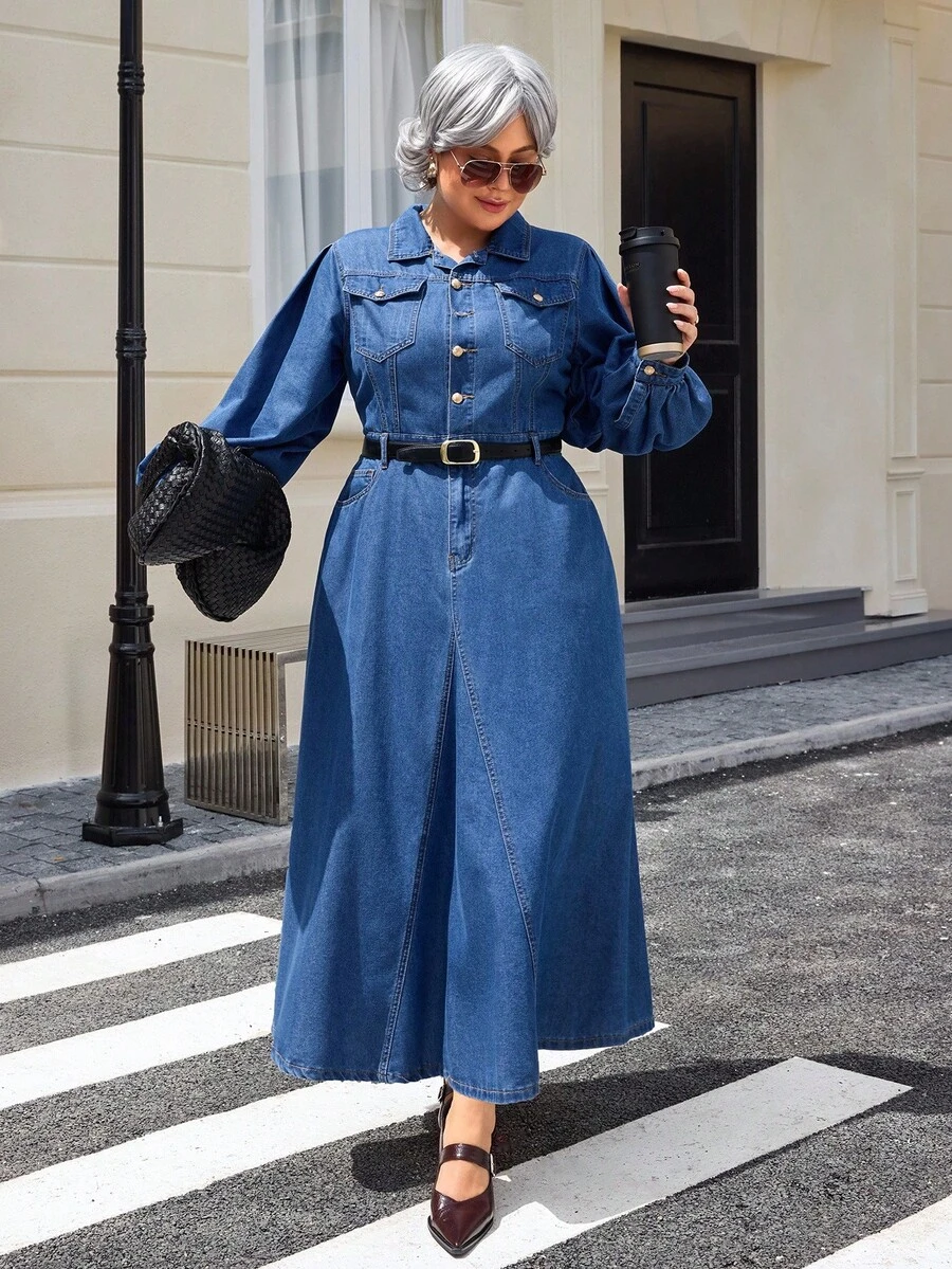 EMERY ROSE Plus Size Women Navy Blue Fashionable Slim Fit Denim Dress - Dark Wash - View 1