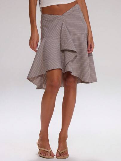 MUSERA Falda midi de línea A con drapeado frontal, de tela de rayas, con cintura en V. Elegante, casual, deportiva y apropiada para el trabajo, ideal para otoño y vuelta al cole.