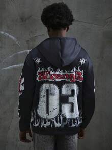 Manfinity Roghcode Sudadera con capucha casual para hombre con estampado numérico y cremallera, abrigo gráfico de vacaciones con manga larga de rapero para uso en otoño, para regalos a amigos, esposo o novio - Negro - Ver 11