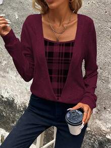 EMERY ROSE Women's Casual Plaid Patchwork Sweatshirt, Autumn - Red Violet - View 7