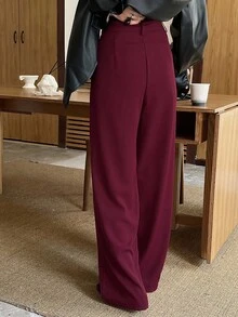 DAZY 女式条纹商务休闲常规裤秋季 - 酒紅色 - 查看 6