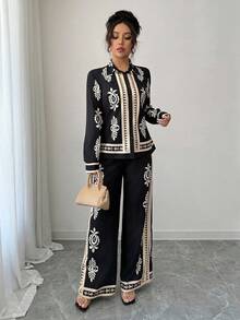 Breezaya 2 件套女士优雅风格花卉印花长袖衬衫和裤子套装 - 彩色 - 查看 3