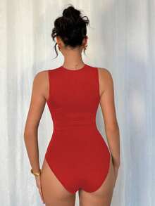 Rafferiza 优雅性感时尚黑色圆领无袖修身不对称几何网眼拼布针织女式紧身衣，春夏 - 紅色 - 查看 2