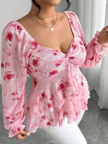 Elenzga Plus Size Women Elegant Pink Elastic Mesh Square Collar Long Puff Sleeve Ruffle Hem Blouse - Pink - View 6
