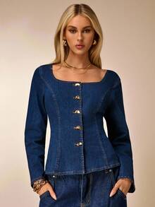 Avantive Langärmliges Jeanshemd mit quadratischem Ausschnitt, dekoriert mit Metallknöpfen, geeignet für Winter/Herbst, Ausgehen, Geburtstag, Casual, Millennium/2000/90er Jahre, Western-Stil Damen, Club, Büro, Cocktails, Retro, Rave Festival, Fun, Klassisch, Old Money, Streetwear, Workwear, Junggesellinnenabschied, Konzert, Basic, Ausgehen, Elegant, Casual - Mittele Waschung - Übersicht 3