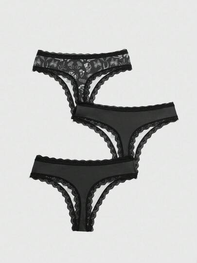 Goth 3pcs/Set Plus Size Gothic Halloween Skeleton, Bat, Pumpkin, Vine, Slogan, Rose, Black Cat, Skull, Butterfly, Moth, Mushroom, Plant Full Print Narrow Edge Thong Panties