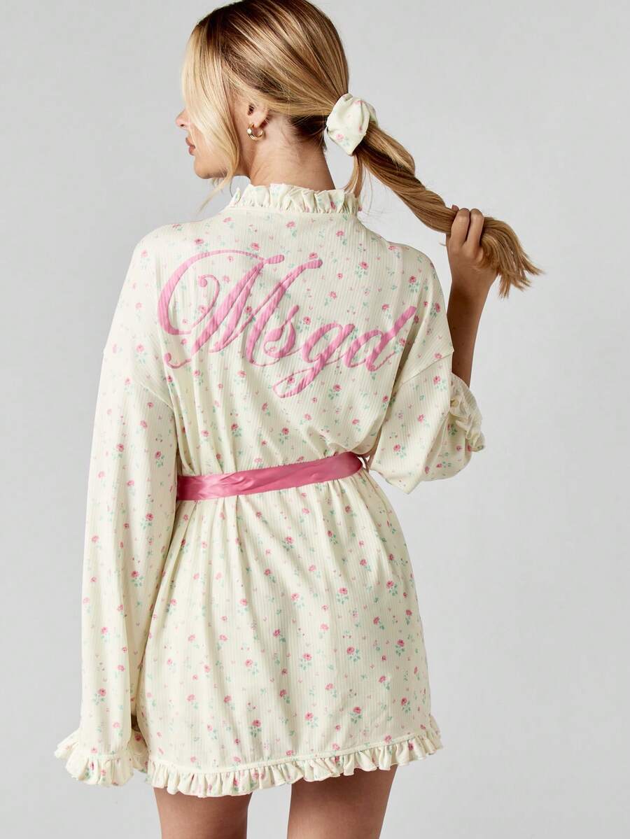 MISSGUIDED Luxury Floral Print Robe Satin Bridal Morning Wedding Robe Ruffle Trim Short Lounge Robe Bridal Dressing Gown With Sash Women's Honeymoon Gift - Multicolor - View 1