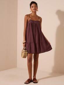 Travachic Váy yếm rộng in họa tiết du lịch dành cho nữ - Cà phê nâu - Xem 3