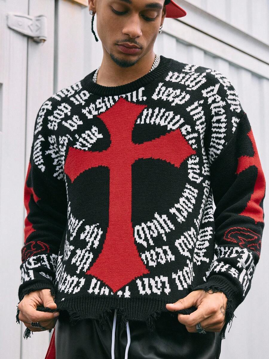 AXEPEAK Men's Casual Crew Neck Drop Shoulder Letter & Cross Graphic Sweater, Autumn/Winter - Multicolor - View 1