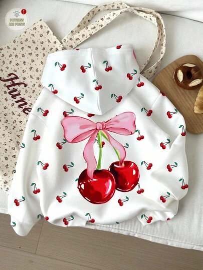 Sweat-shirt-shirt ample à col rond confortable à manches longues, imprimé de nœuds et de pois cerises, style décontracté et mignon, convient pour l'automne/l'hiver