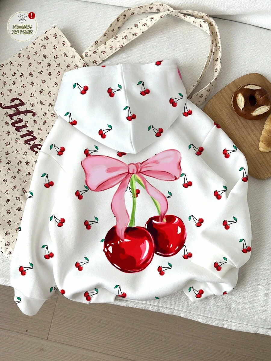 少女休闲可爱蝴蝶结樱桃波点印花宽松圆领舒适长袖卫衣，适合秋冬季节穿着。 - 彩色 - 查看 1