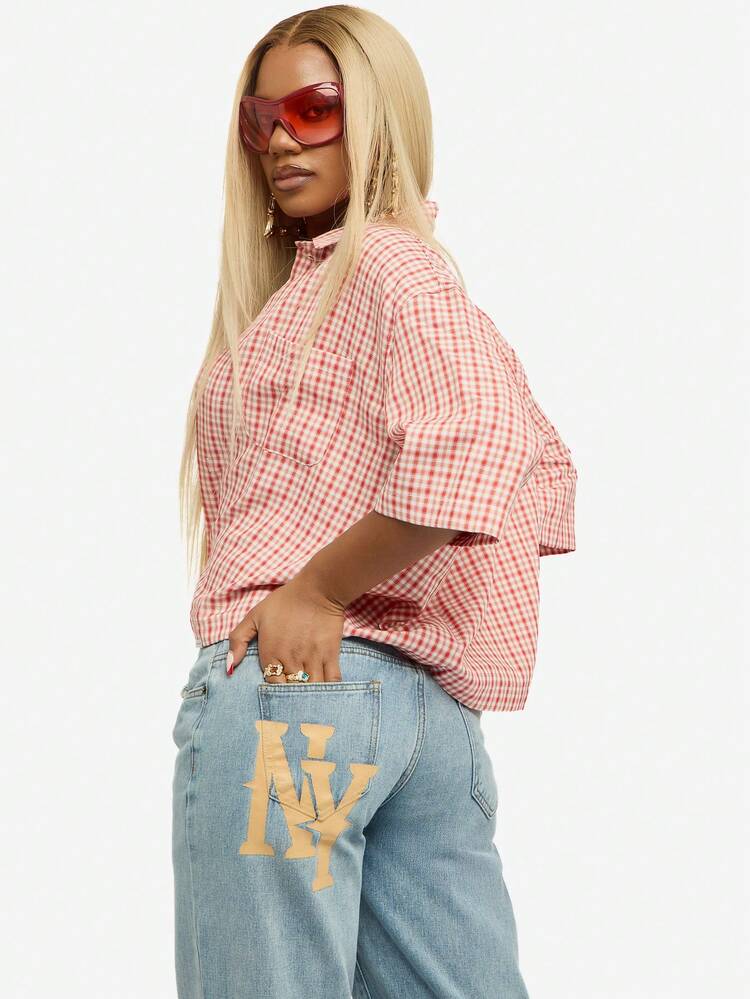 SUMWON WOMEN Wide Leg Denim Jeans With Turn Up Hem And Logo Detail