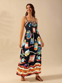 CAJUNI 女式波西米亚风热带印花度假休闲长吊带连衣裙，夏季 - 黑色 - 查看 5