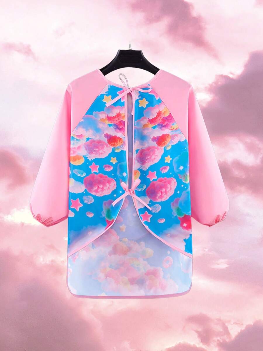 SHEIN 1件防水防污长袖艺术围裙,男女通用,双面可用,适合儿童和成人,独特的抽象印花,全臂保护,适用于丙烯颜料、粘土、烹饪艺术家、陶艺工作室、幼儿园教室,防溅可穿戴画布(S-XL码,可擦拭清洁,随机图案) - 彩雲-粉袖 - 查看 1