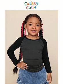 Camiseta casual de cuello redondo y manga raglán de color contrastante para niña - Negro - Ver 1