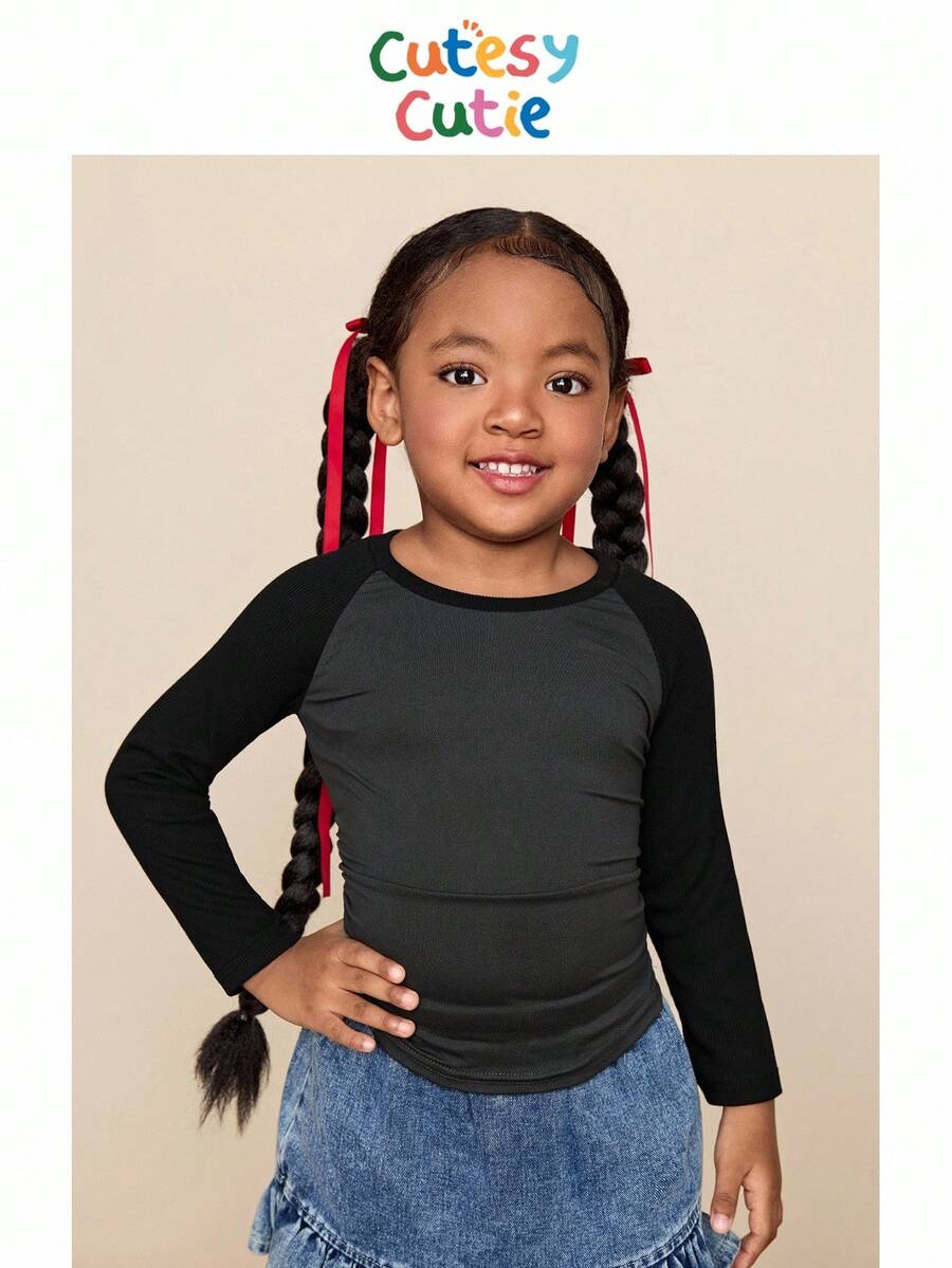 Camiseta casual de cuello redondo y manga raglán de color contrastante para niña - Negro - Ver 1