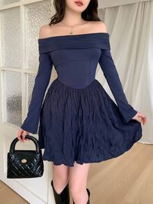 Feyla Women's Elegant Off Shoulder Patchwork Waist Cinched Long Sleeve Mini Dress, Suitable For Commuting - Navy Blue - View 3
