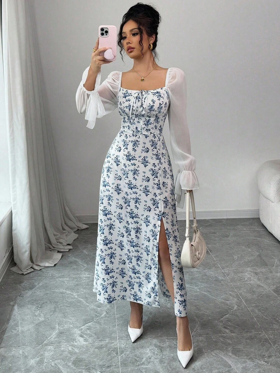 Elenzga 女士网眼拼布长袖开衩休闲长裙 - 藍色 - 查看 1