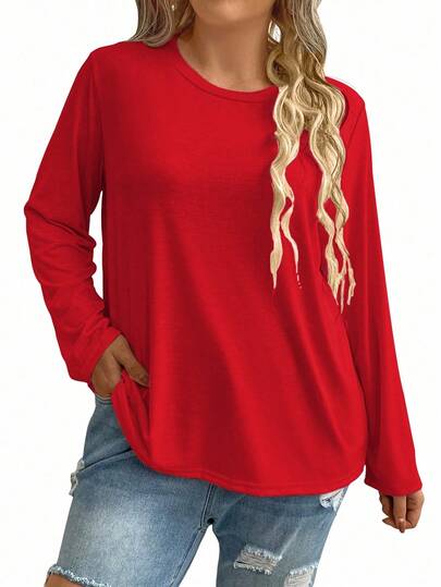 Plus Size Women's Solid Color Round Neck Long Sleeve Casual Loose T-Shirt