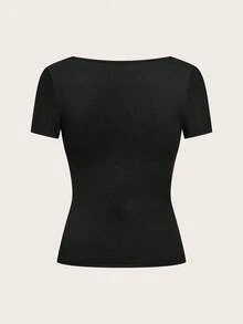 SHEIN EZwear 3 件套圆领短袖短款休闲修身女式 T 恤，百搭百搭，不同面料 - 黑色 - 查看 10