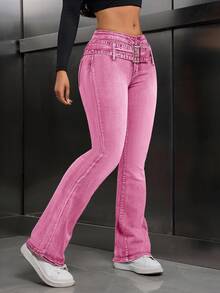 SHEIN Tall 休闲水洗低腰修身喇叭牛仔裤 - 粉色 - 查看 4