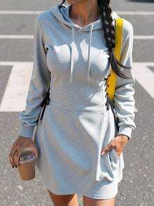 Chiquease 休闲时尚女士连帽卫衣连衣裙，收腰，侧系带，口袋，长袖，灰色，适合秋冬季外出和上学穿着 - 灰色 - 查看 4