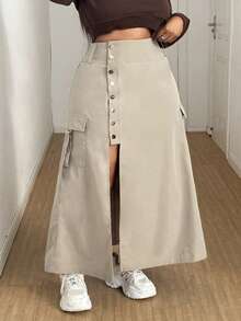 Maweii Chân váy dài dáng chữ A xẻ tà cỡ lớn, thường ngày đi làm, thu/đông - Màu Khaki - Xem 5