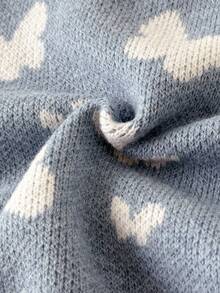 SHEIN 少女厚羊毛混纺针织毛衣，圆领长袖，蝴蝶提花图案，温暖柔软，适合万圣节、圣诞节、秋冬季 - 藍色 - 查看 7