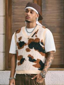 AXEPEAK 男士V领休闲图案针织背心，秋冬 - 彩色 - 查看 4