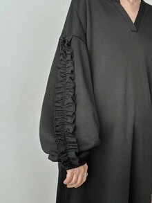 FRIFUL Women's Black V-Neck Long Sleeve Dropped Shoulder Lantern Sleeve Pleated Ruffle Hem Loose Casual Dress, Autumn