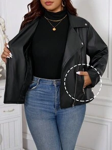 SHEIN Clasi Giacca da motociclista in ecopelle con zip e colletto, taglia comoda, per donne, colore tinta unita, manica lunga