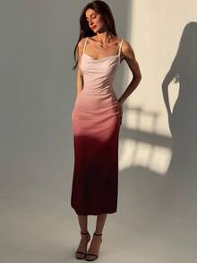 Women's Elegant Ombre Waist Cinched Midi Slip Dress, Summer