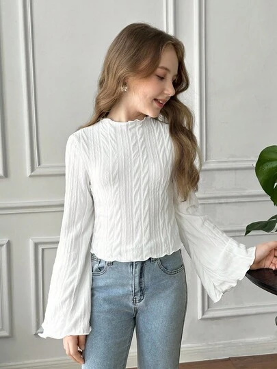 SHEIN Tween 女童休闲优雅纯色纹理针织荷叶边领喇叭袖 T 恤上衣，适合返校和日常穿着