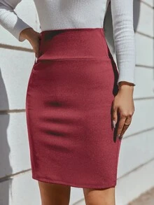 EURMUSE Women's Solid Color Minimalist High Waist Pencil Skirt, Autumn - Coral Pink - View 3
