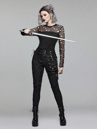 EDITION Gothic Mesh Patchwork Ripped Slim Fit Women Top