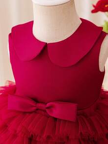 Glamorique Kids Váy bánh kem bằng vải tuyn lưới bóng satin màu đỏ tía cho bé gái, cổ Peter Pan, trang trí nơ, váy dự tiệc sinh nhật cho trẻ sơ sinh, Giáng sinh, Halloween, váy dự tiệc cưới - Màu Đỏ Sâu - Xem 7
