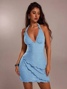 SHEIN Forever 21 休闲女装/夏装/沙滩裙/夏装/茶会裙/海滩度假装/曲线沙滩装/夏装/海滩度假装/乡村音乐节棕色纹理迷你 A 型运动连衣裙 - 淺藍色 - 查看 6