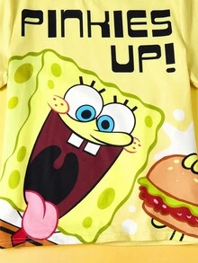 SpongeBob SquarePants | SHEIN 2pcs Tween Girl Cartoon Graphic Print Loose Fit Round Neck Short Sleeve Top And Shorts, Casual Summer Knit Flame Retardant Pajama Set