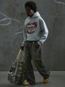 Manfinity ZONE917 Men Inlaid Rhinestone Teeth Mouth Print Grey Relaxed-Fit Thermal Lined Hoodie, For Fall Winter, Long Sleeve Top - Light Grey - View 6