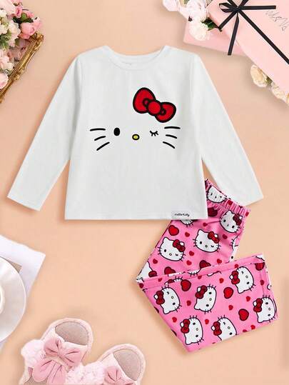 HELLO KITTY AND FRIENDS | SHEIN Young Girl Cartoon Heart Cute Heart Print Knit Round Neck Long Sleeve Top & Pants Pajama Set, Autumn/Winter